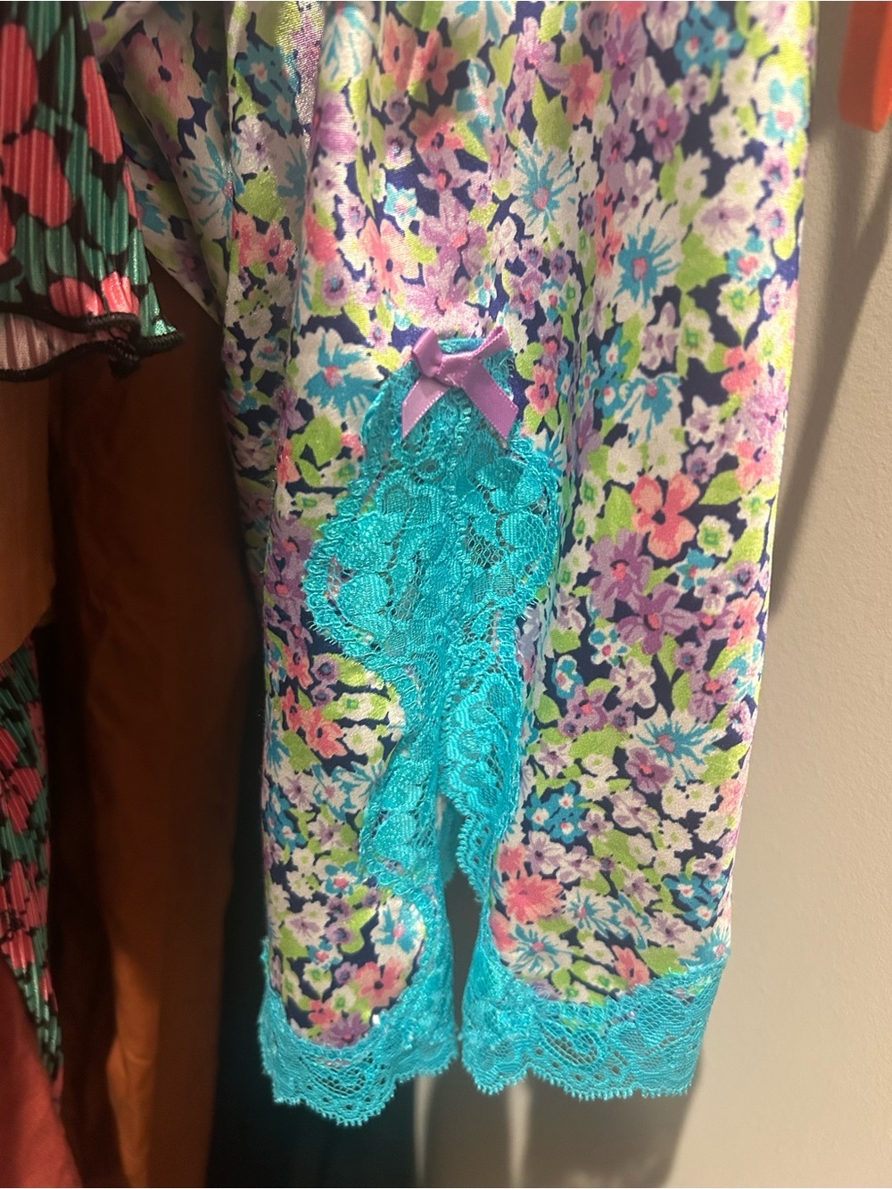 Victoria's Secret Teal-Trim Pastel Floral Satin Chemise - Picture 5 of 11